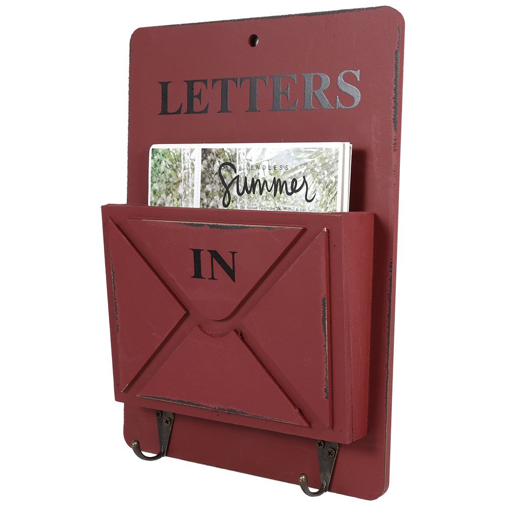 Wood Mail Letter Rack Key Holder Wall Storage Creative Home Decoration with Hook Hanger Red