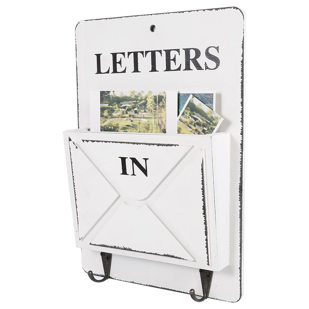 Wood Mail Letter Rack Key Holder Wall Storage Creative Home Decoration with Hook Hanger White