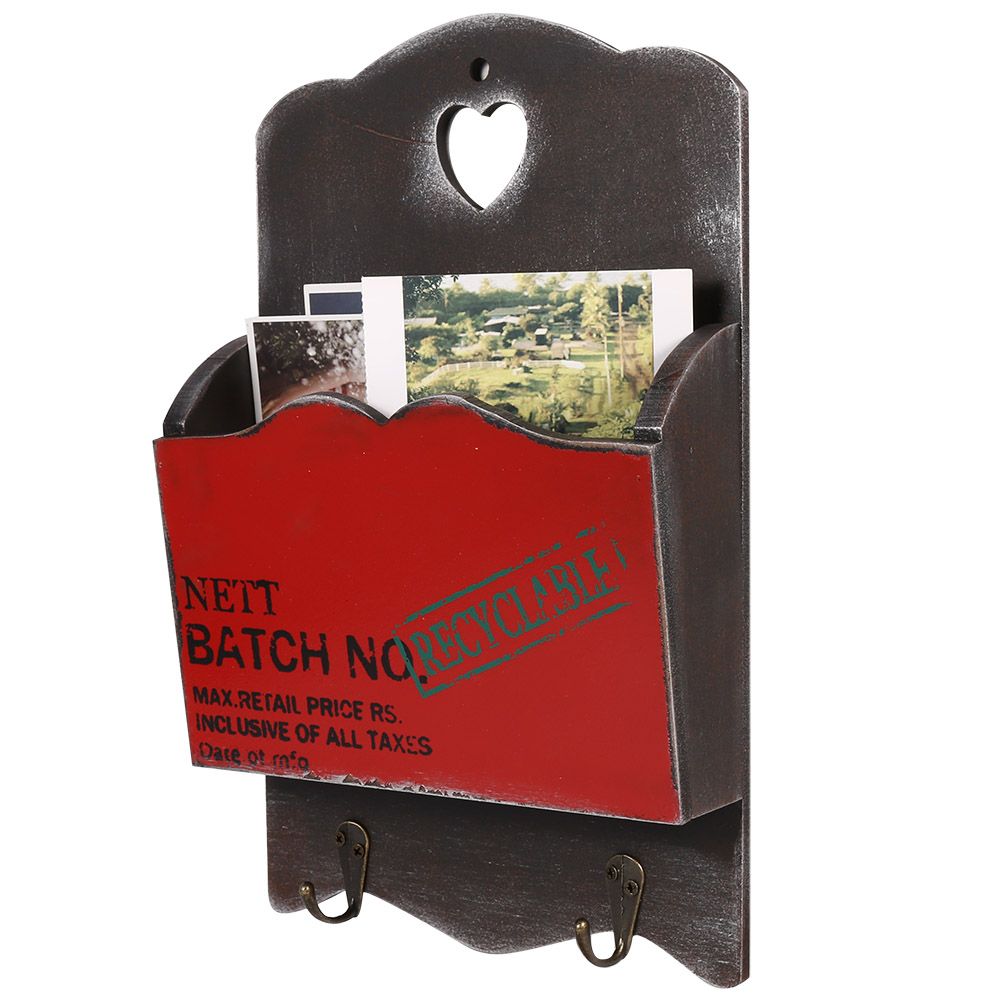 Wood Mail Letter Rack Key Holder Wall Storage Creative Home Decoration with Hook Hanger Red