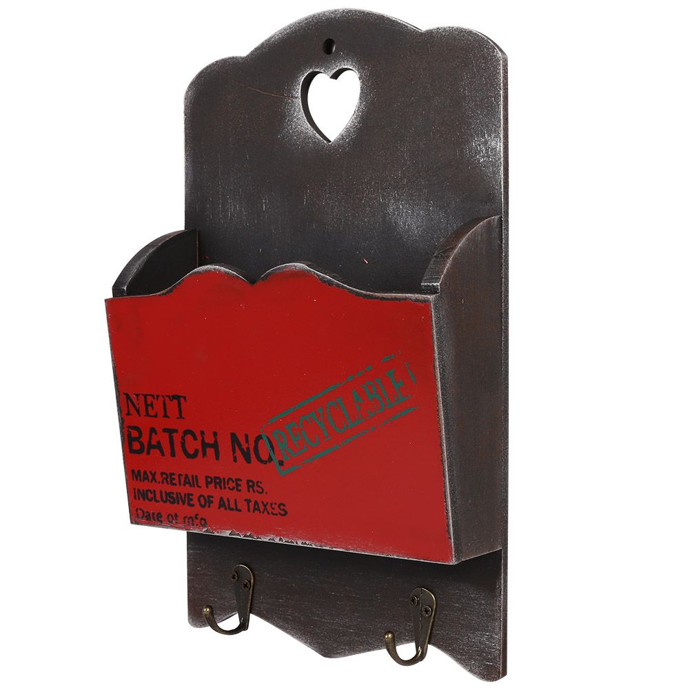 Wood Mail Letter Rack Key Holder Wall Storage Creative Home Decoration with Hook Hanger Red