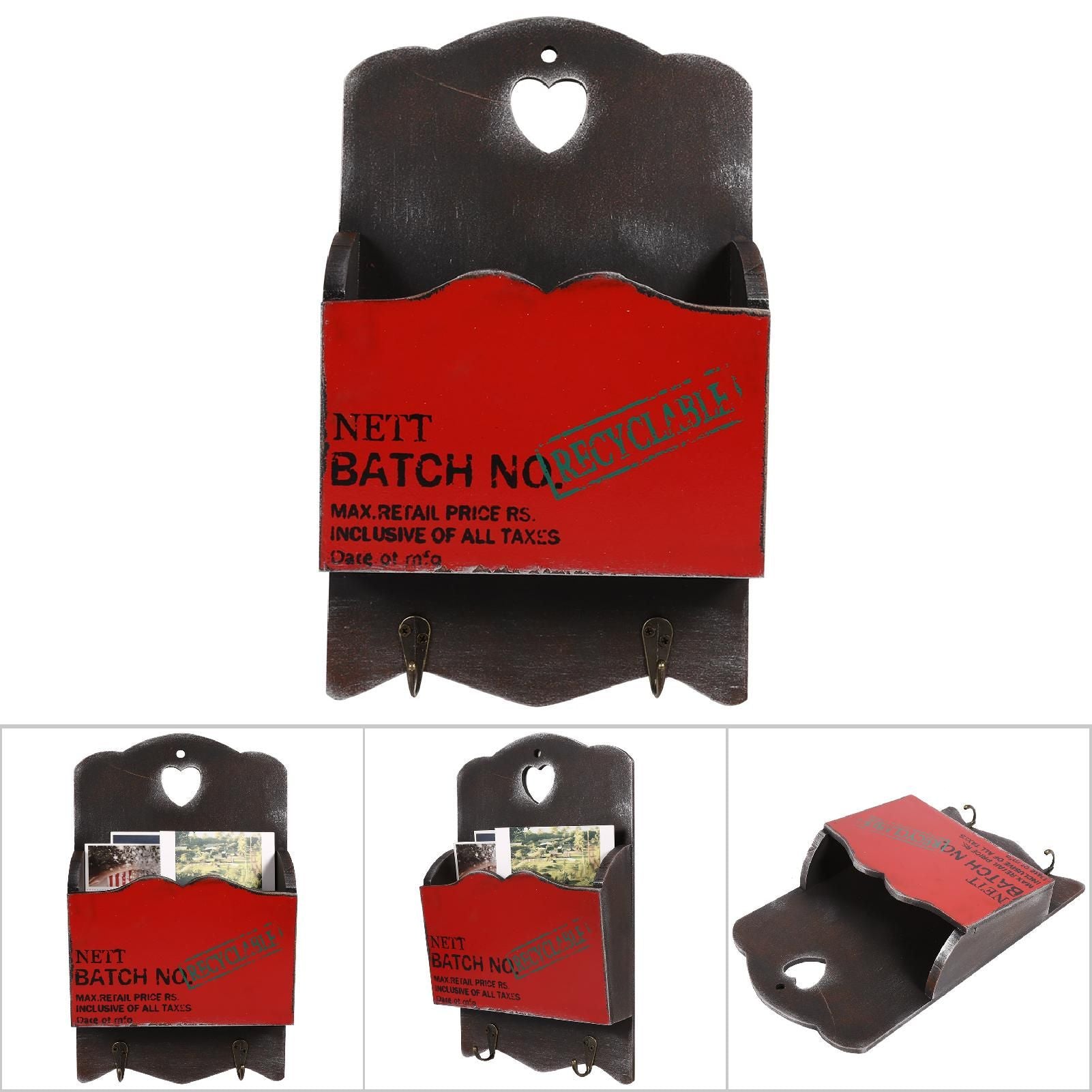 Wood Mail Letter Rack Key Holder Wall Storage Creative Home Decoration with Hook Hanger Red