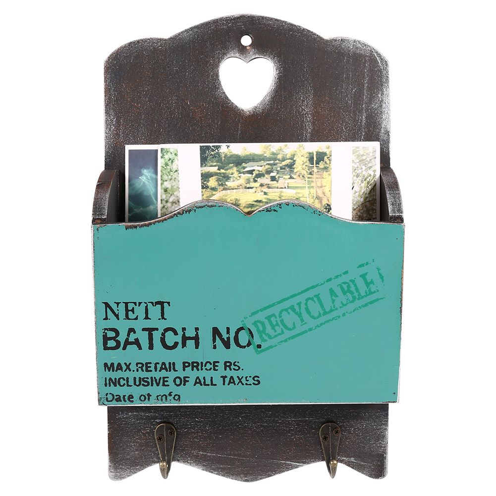 Wood Letter Rack Key Holder Wall Storage Creative Home Decoration with Hook Hanger Bluish Green