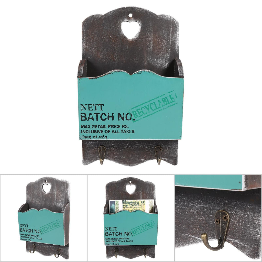 Wood Letter Rack Key Holder Wall Storage Creative Home Decoration with Hook Hanger Bluish Green