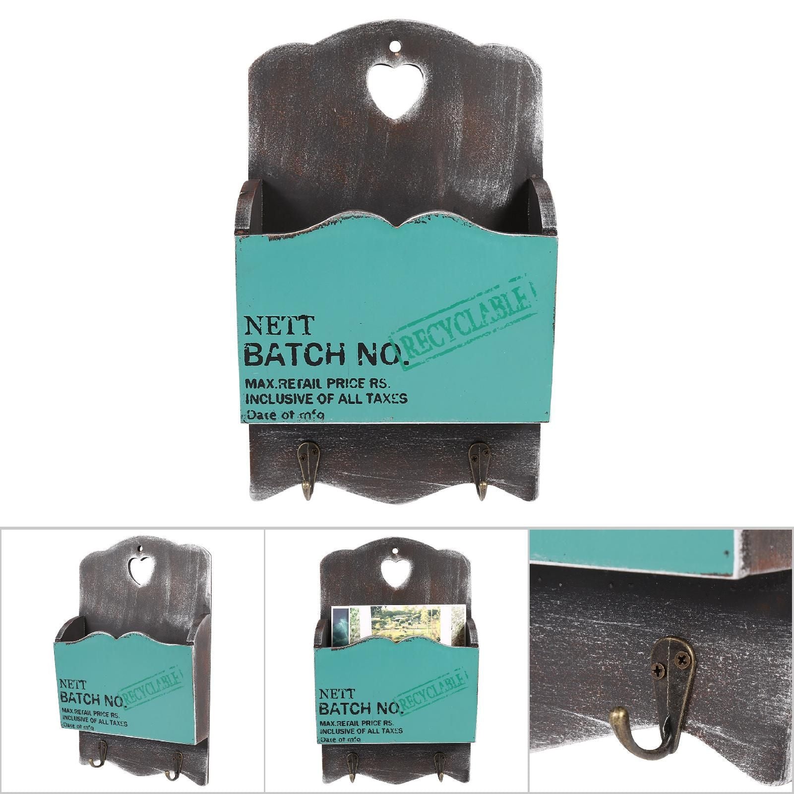 Wood Letter Rack Key Holder Wall Storage Creative Home Decoration with Hook Hanger Bluish Green