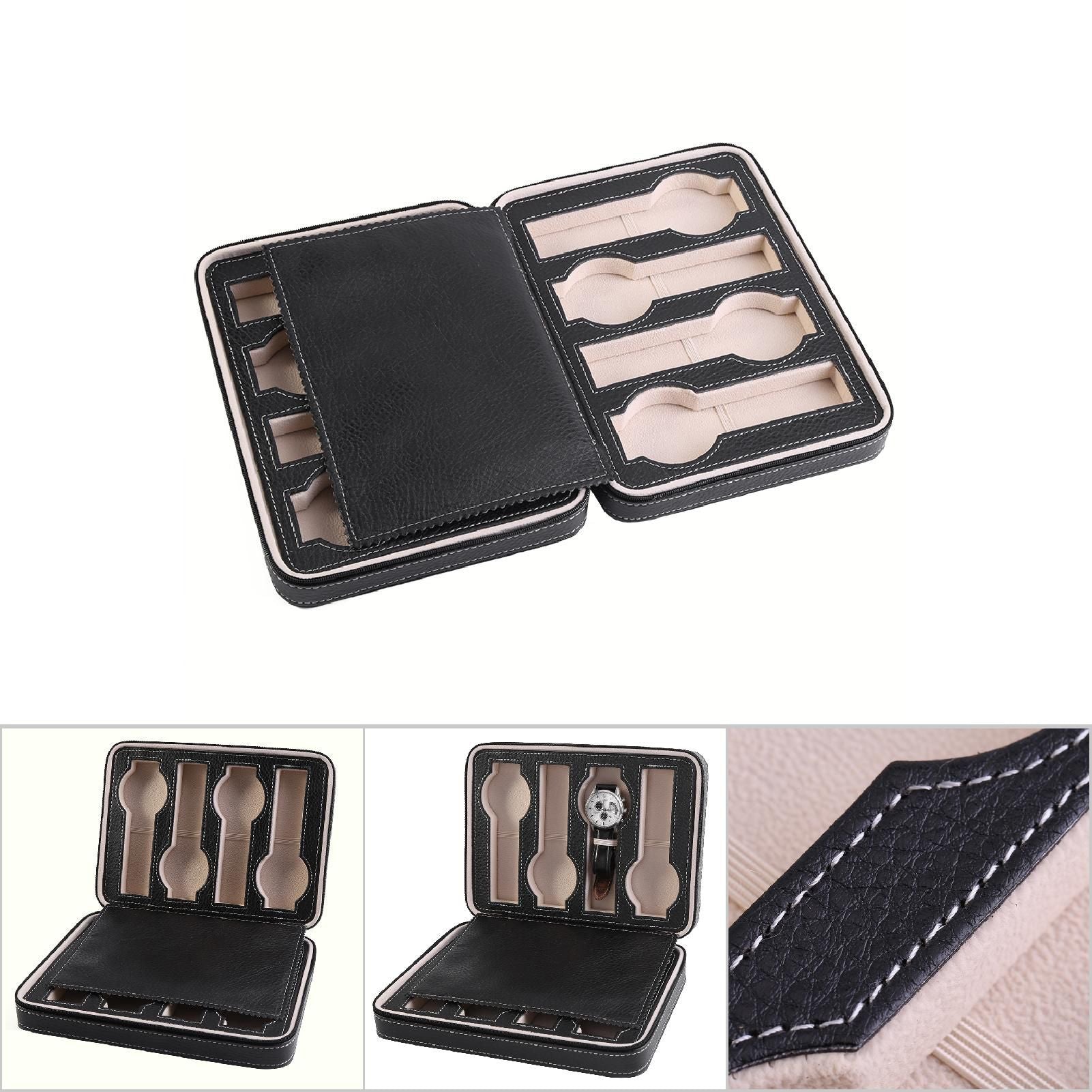 1Pc 8 Grids Watch Display Storage Box Portable Zippered Travel Collector Case Organizer (Black)