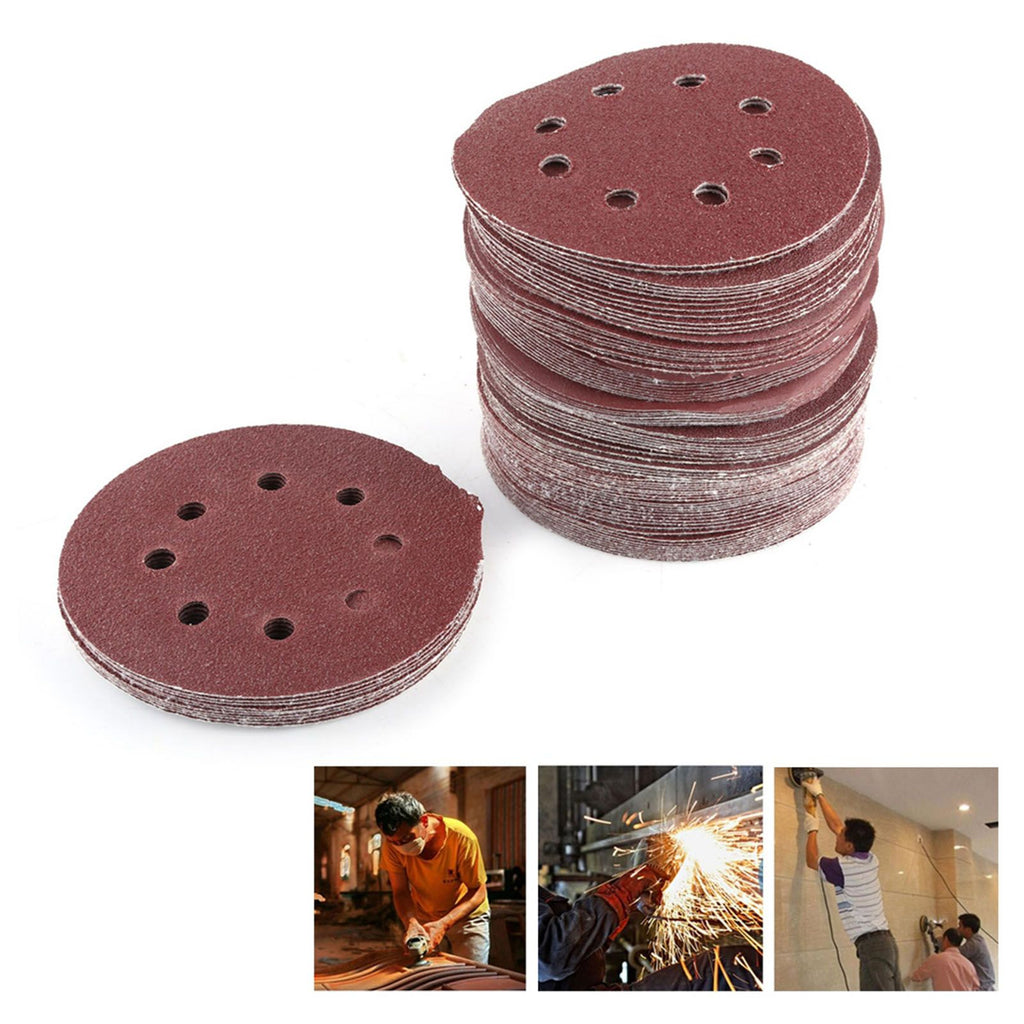 100pcs 8 Holes 5" Round Polishing Sandpaper Discs Sanding Sheet 60/80/100/120/240 Grit