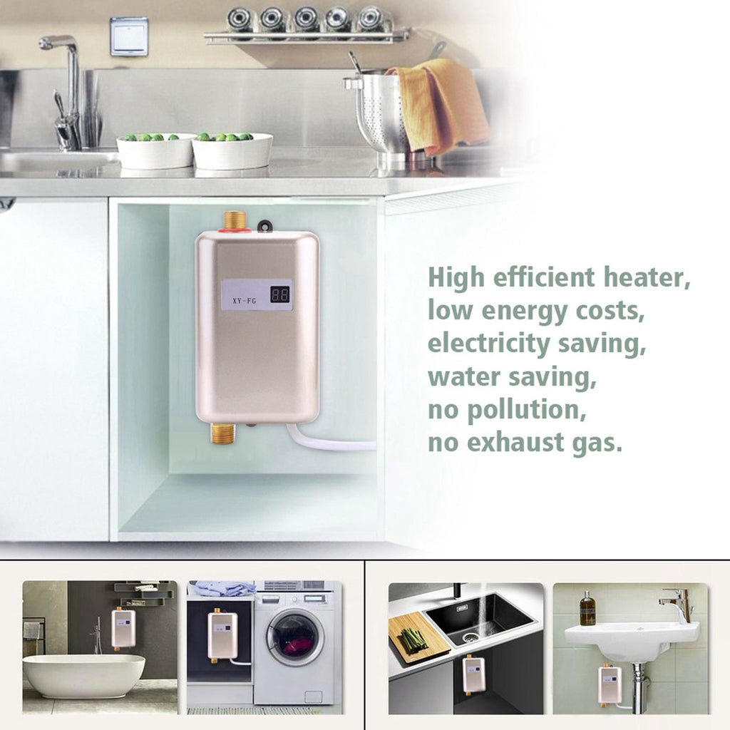 220V 3800W Mini Electric Tankless Instant Hot Water Heater Bathroom Kitchen Washing Golden