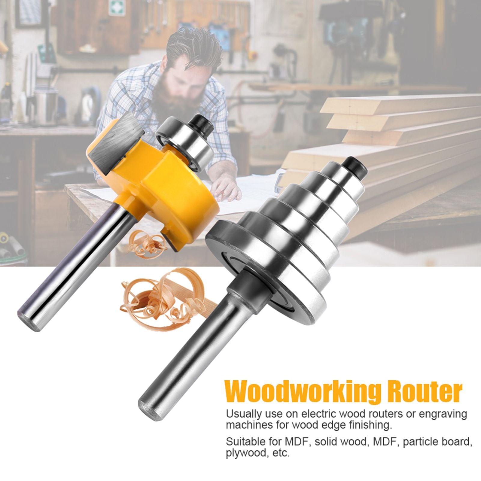 1/2"H - 1/4" Shank Rabbet Router Bit with 7 Bearings Set for Solid Wood Particle Board Plywood