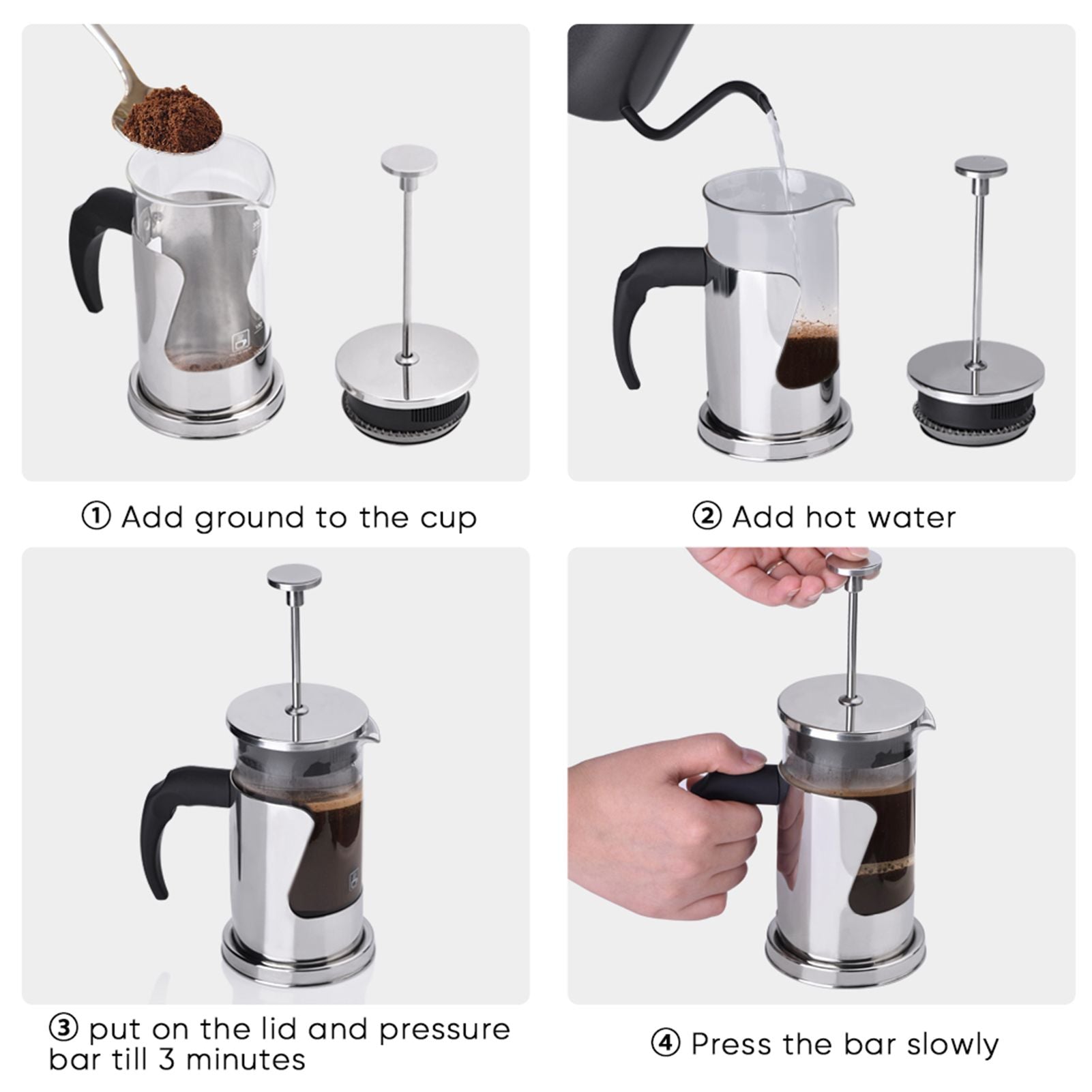 350ML 304 Stainless Steel & Glass Heat Resistant French Press Coffee & Tea Makers Pot