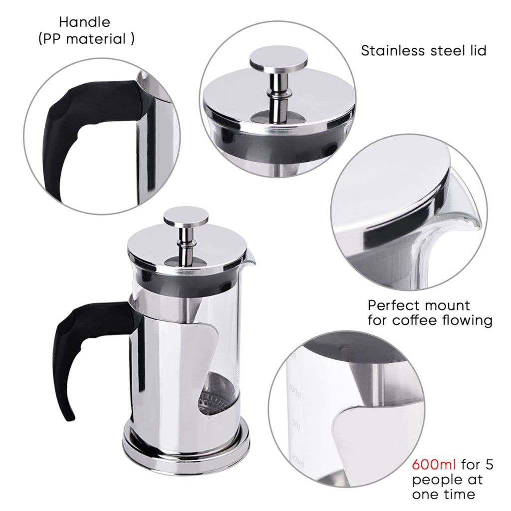 350ML 304 Stainless Steel & Glass Heat Resistant French Press Coffee & Tea Makers Pot