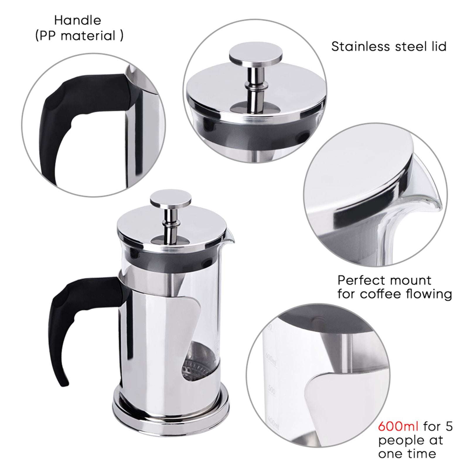 350ML 304 Stainless Steel & Glass Heat Resistant French Press Coffee & Tea Makers Pot
