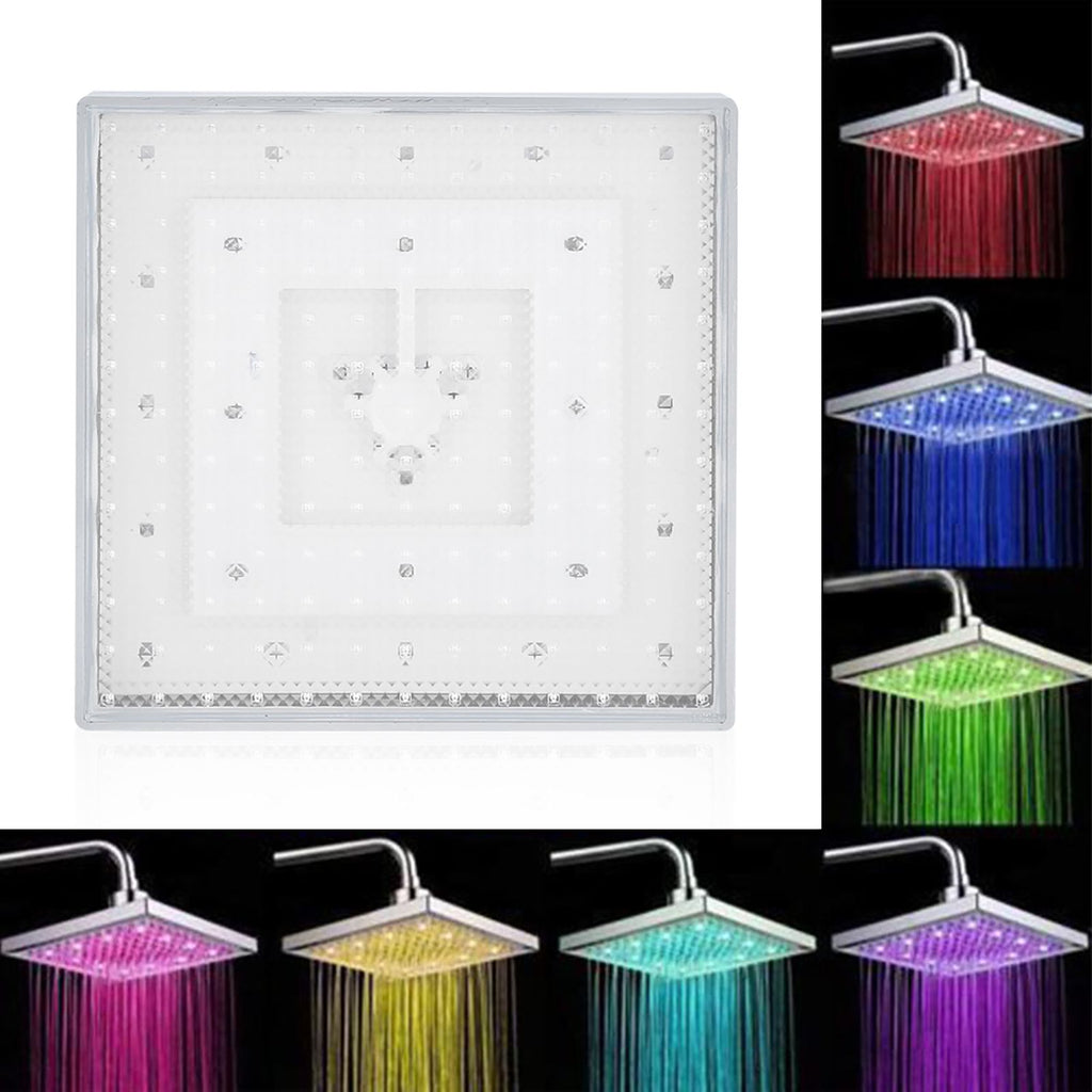 8" Inch Square Chrome Face Rainfall LED Shower Head 7 Colors Changing Romantic Light Home