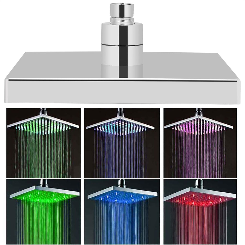 8" Inch Square Chrome Face Rainfall LED Shower Head 7 Colors Changing Romantic Light Home
