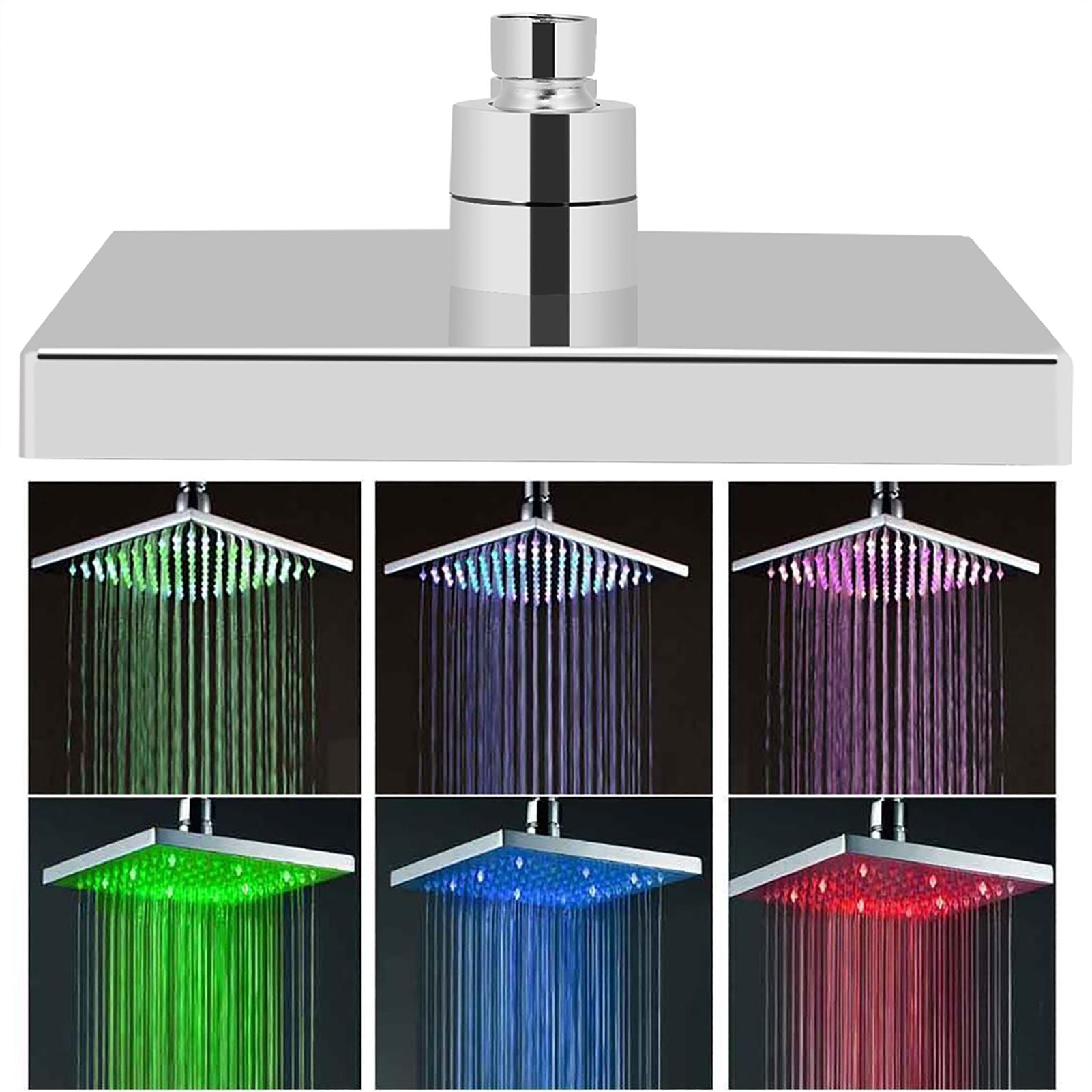 8" Inch Square Chrome Face Rainfall LED Shower Head 7 Colors Changing Romantic Light Home