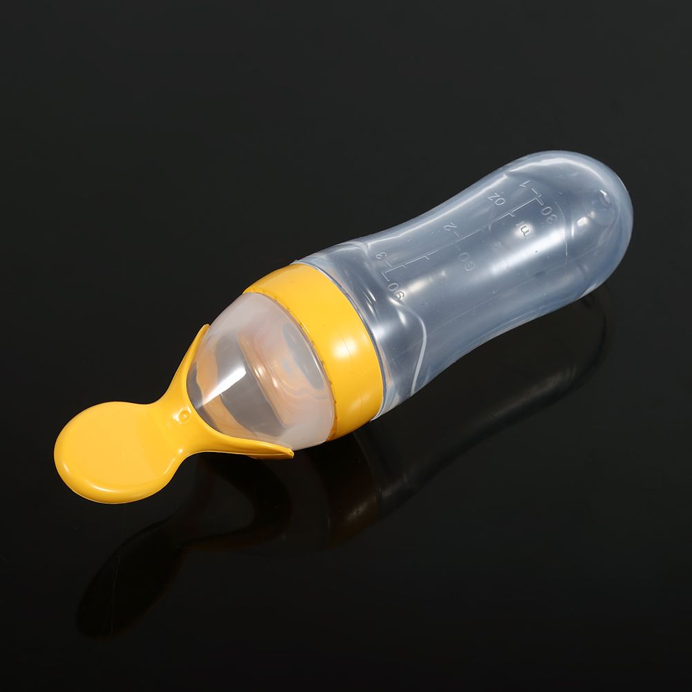 90mL Silicone Baby Toddler Feeding Bottle with Spoon Fresh Food Cereal Squeeze Feeder (Yellow)
