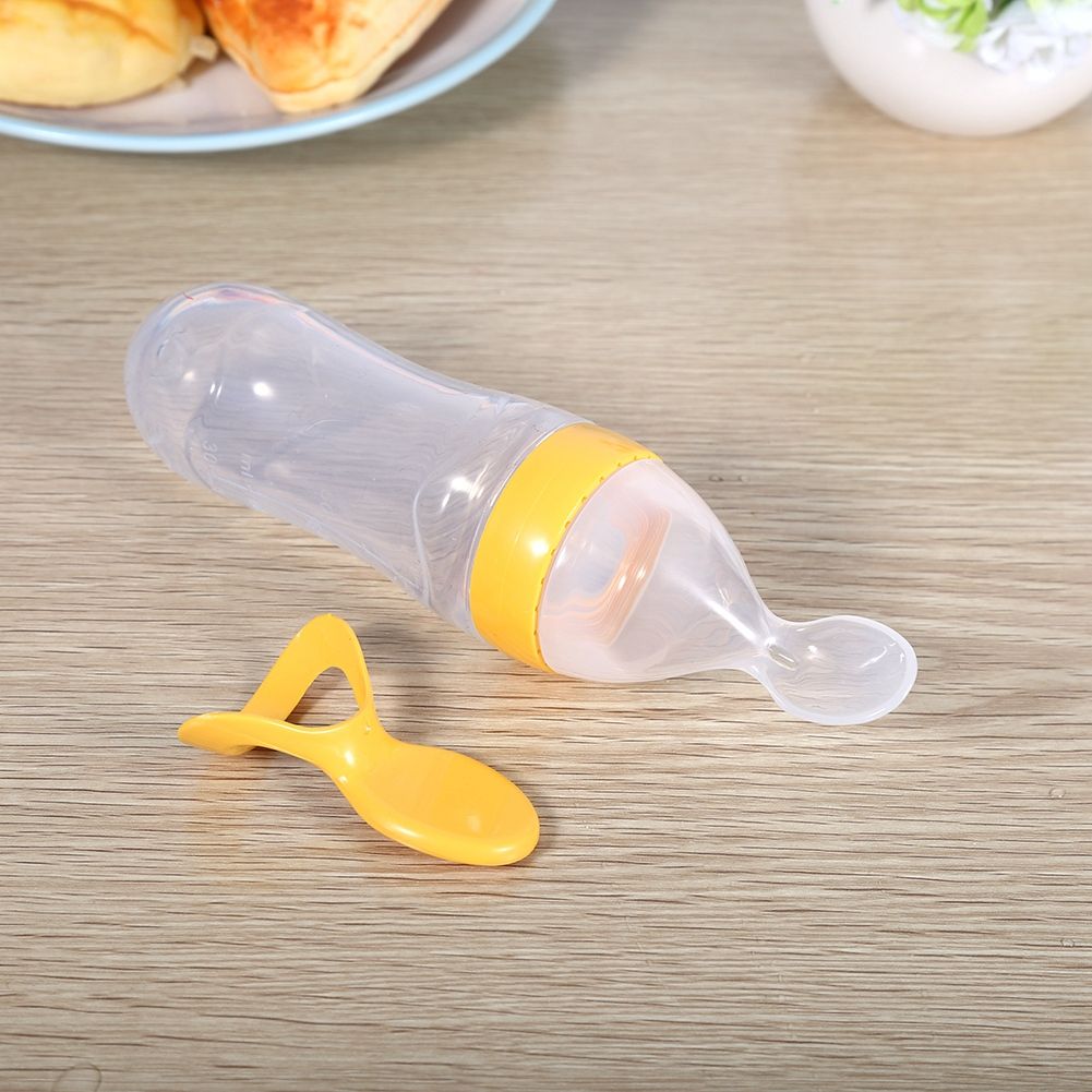 90mL Silicone Baby Toddler Feeding Bottle with Spoon Fresh Food Cereal Squeeze Feeder (Yellow)