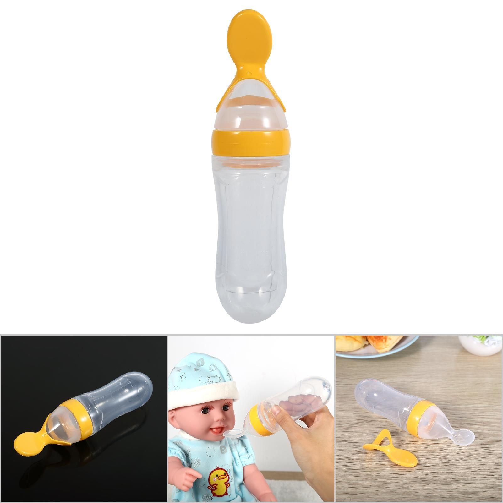 90mL Silicone Baby Toddler Feeding Bottle with Spoon Fresh Food Cereal Squeeze Feeder (Yellow)
