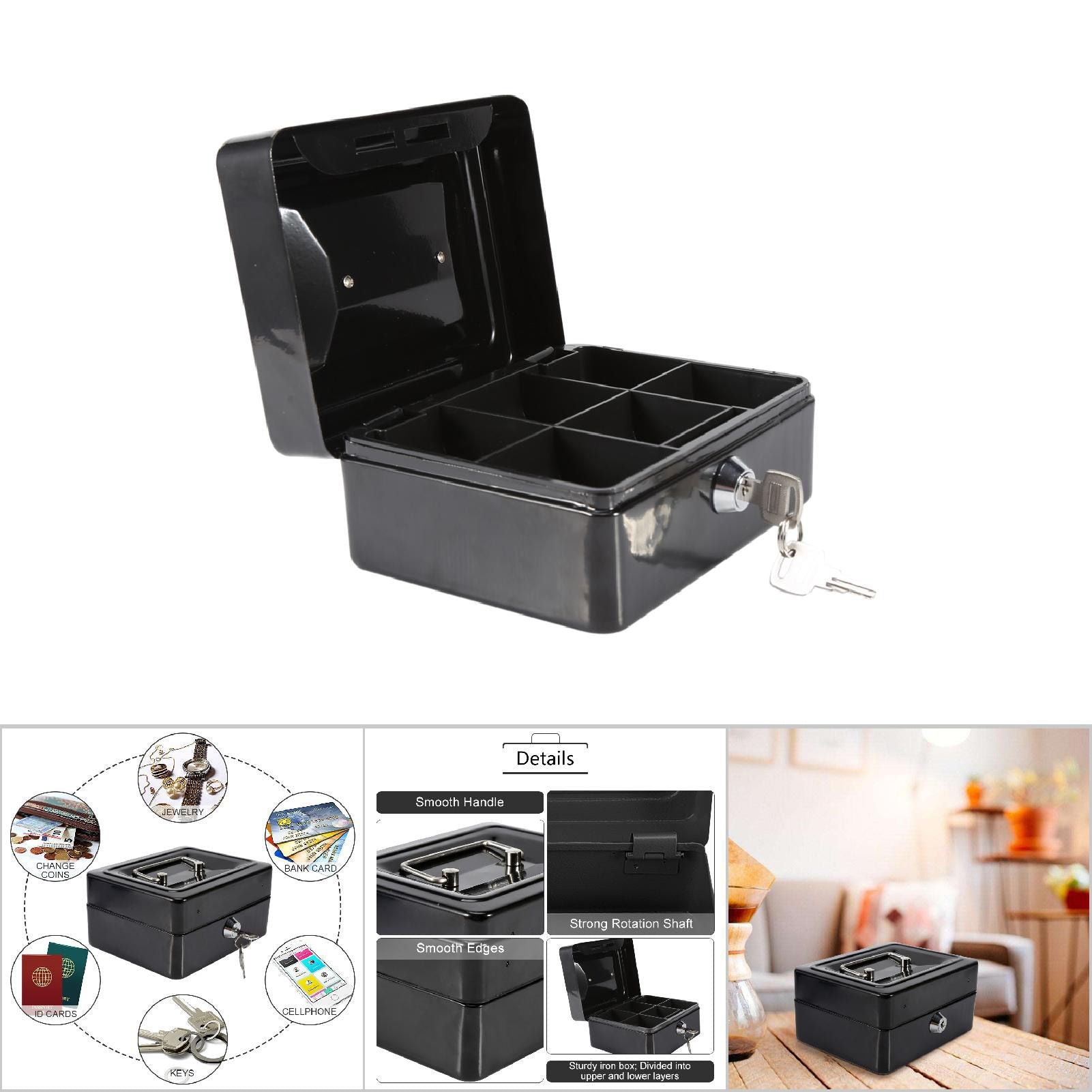1Pc Mini Portable Iron Petty Lockable Cash Money Coin Safe Security Box Household (Black)