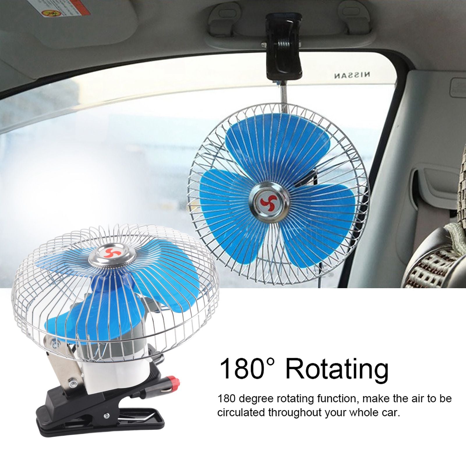 12V 25W Mini Portable Auto Vehicle Clip On Cooling Oscillating Fan for Car Truck Dashboard