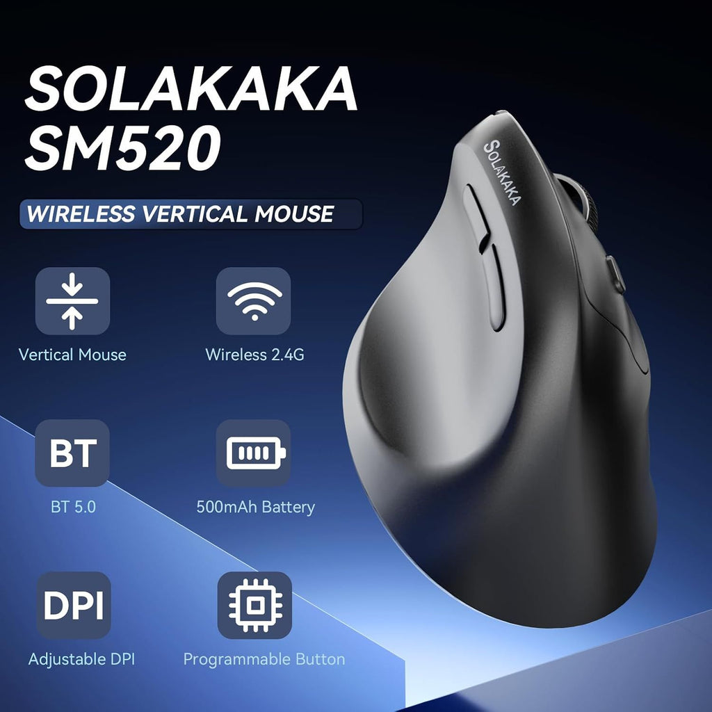 SOLAKAKA SM520 Tri-Mode Vertical Ergonomic Mouse, 24000 DPI Programmable Wireless Vertical Mouse，black