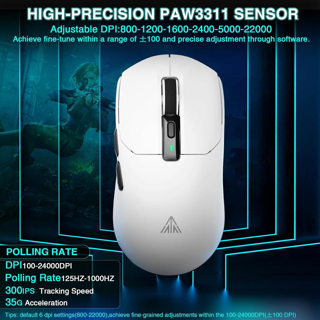 SOLAKAKA SM820 Wireless Gaming Mouse with RGB Charging Dock,24000 DPI Tri-Modes Wireless Mouse，white