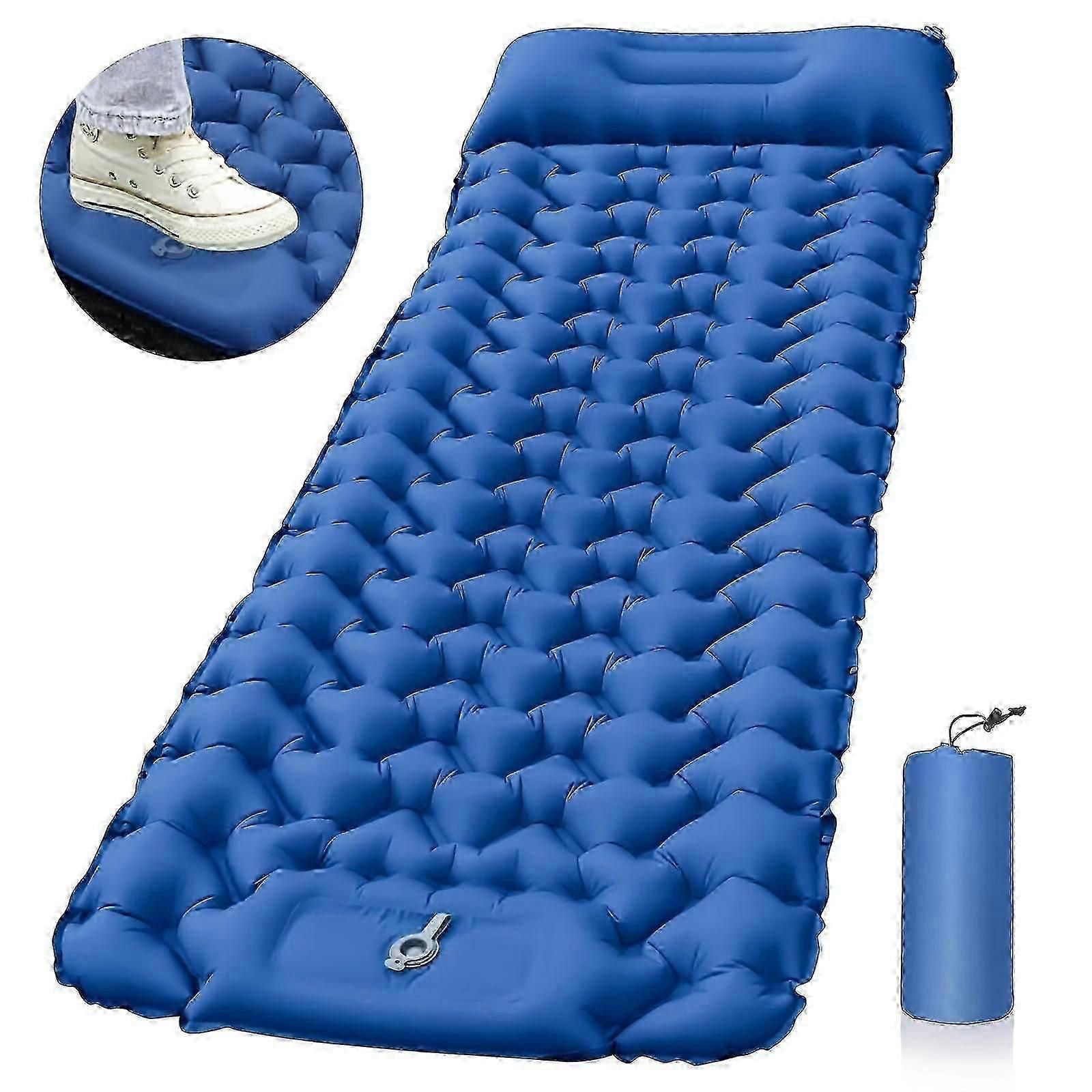 Portable Sleeping Pad, Camping Inflatable Mattress With Pillows, Folding Ultralight Air Cushion For Outdoor Hiking Trekking well - Blue