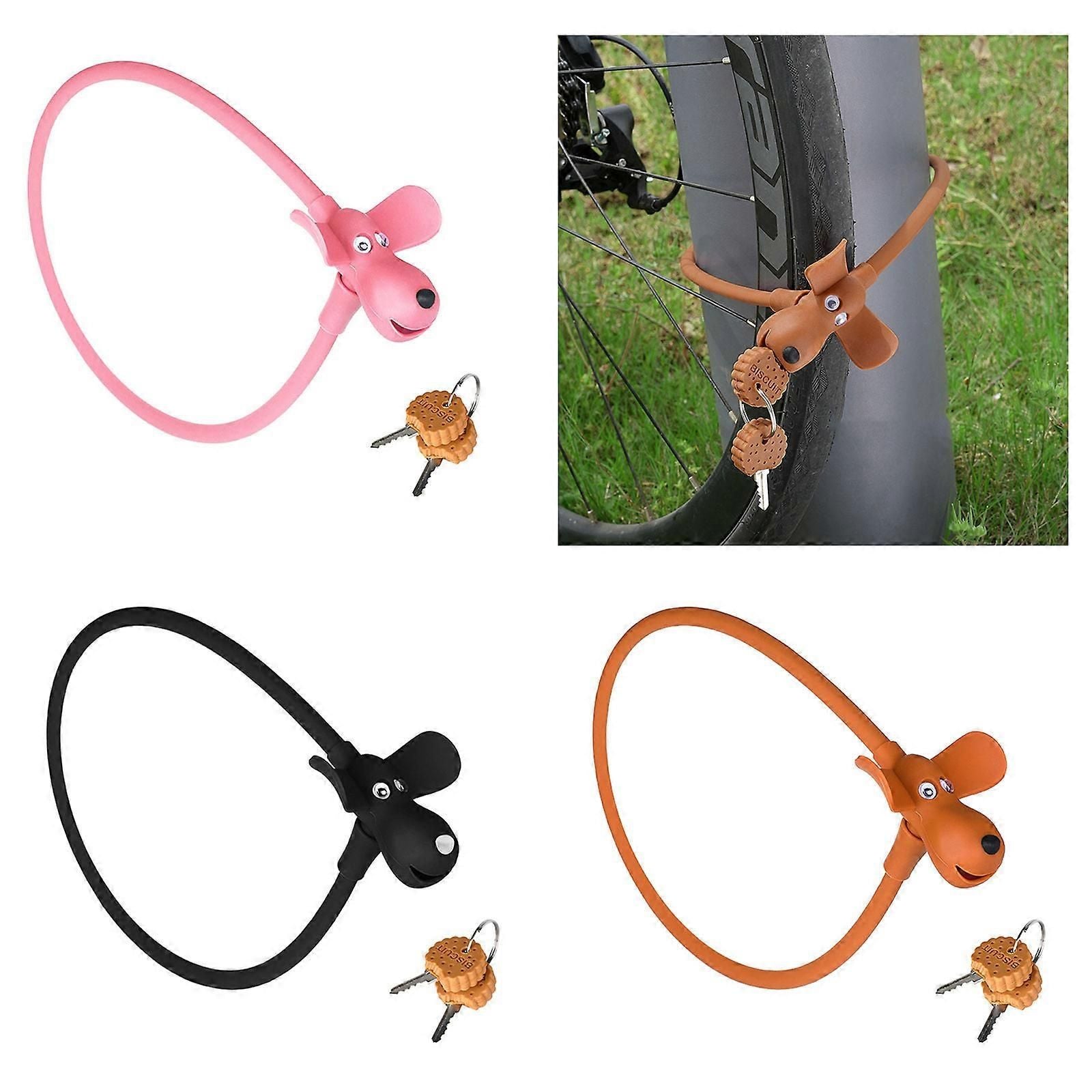 Portable Bike Cable Lock with Silicone Cover, Lightweight Anti-Theft Bicycle Security Lock, Cookie Dog Design - Black