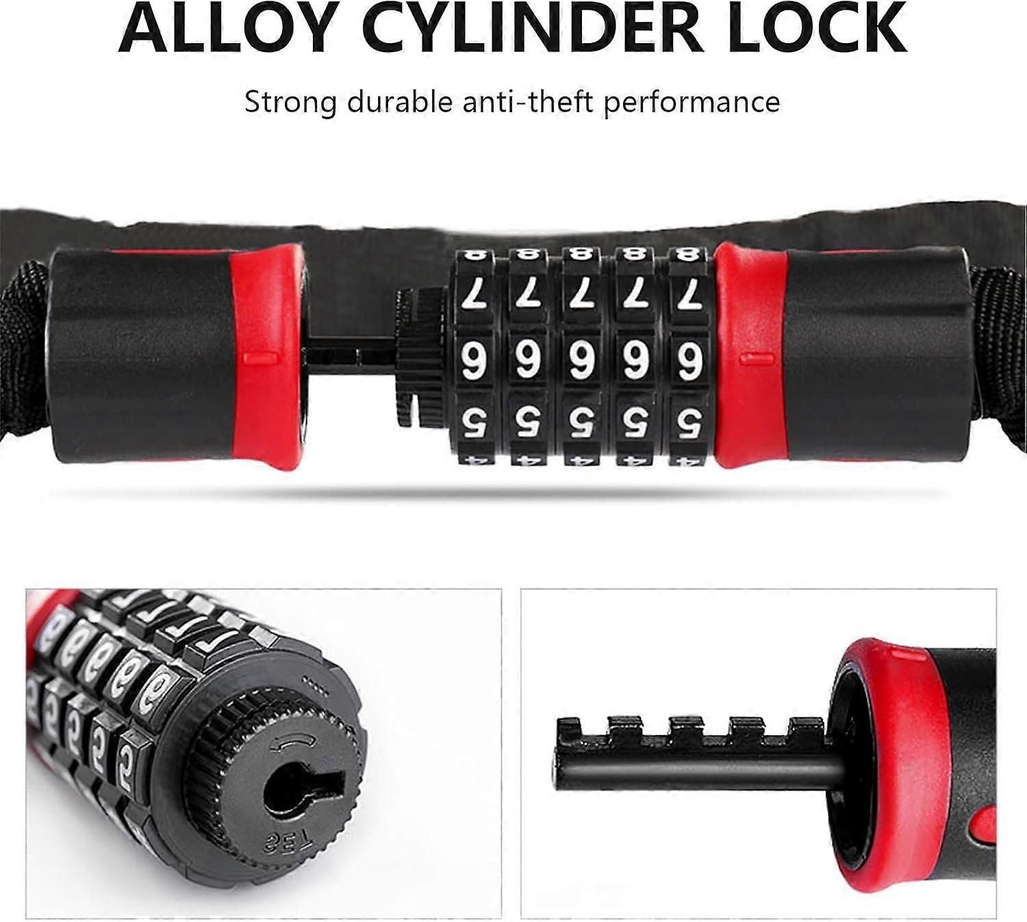 Bike Chain Lock, 5 Digit Combination High Security Bicycle Lock Resettable Heavy Duty Cycling Chain Locks for Bicycle - 0.9m