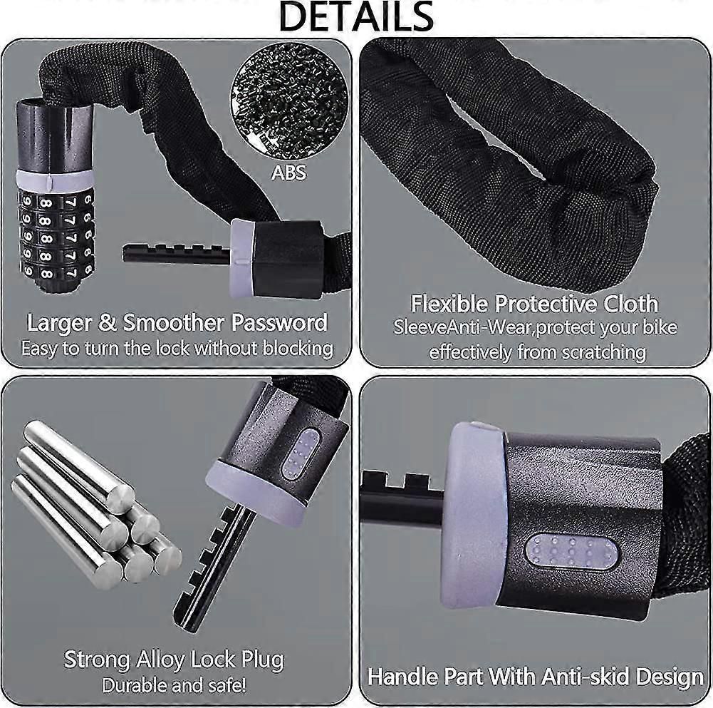 Bike Chain Lock, 5 Digit Combination High Security Bicycle Lock Resettable Heavy Duty Cycling Chain Locks for Bicycle - 1.2m