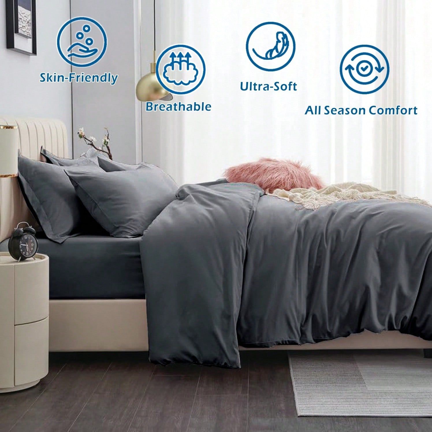 Hotel Soft Microfiber Duvet Cover Set-2000TC Quilt Cover Set & Pillowcases -1 Donna Cover Zipper Closure & 1 x Pillowcases-Breathable Bedding - Wrinkle, Fade, Stain Resistant(Dark gray,Double)