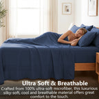 Hotel Soft Bed Sheet Set- Bedding Sheets & Pillowcases -Breathable Bedding - Wrinkle, Fade, Stain Resistant-Deep Pocket Flat Fitted Bed Sheet Set(Navy,Double)