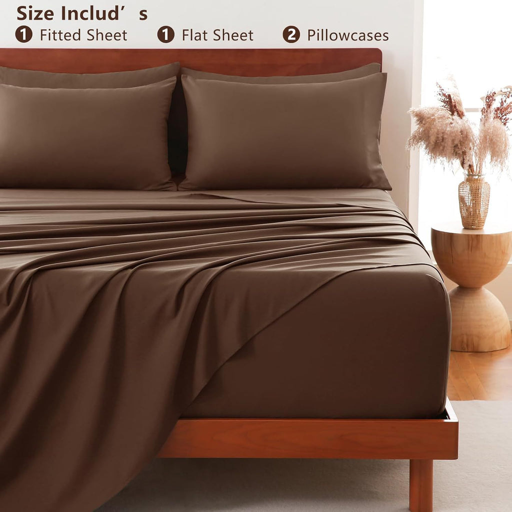 Hotel Soft Bed Sheet Set- Bedding Sheets & Pillowcases -Breathable Bedding - Wrinkle, Fade, Stain Resistant-Deep Pocket Flat Fitted Bed Sheet Set(Chocolate,Double)
