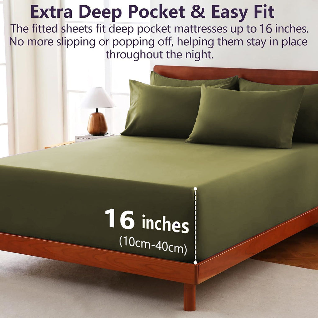 Hotel Soft Bed Sheet Set- Bedding Sheets & Pillowcases -Breathable Bedding - Wrinkle, Fade, Stain Resistant-Deep Pocket Flat Fitted Bed Sheet Set(Olive green,King)
