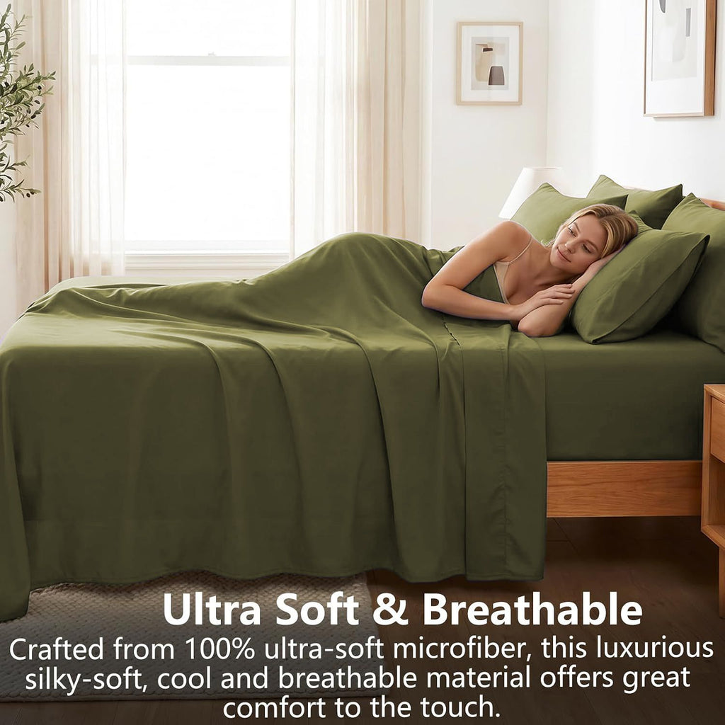 Hotel Soft Bed Sheet Set- Bedding Sheets & Pillowcases -Breathable Bedding - Wrinkle, Fade, Stain Resistant-Deep Pocket Flat Fitted Bed Sheet Set(Olive green,King)