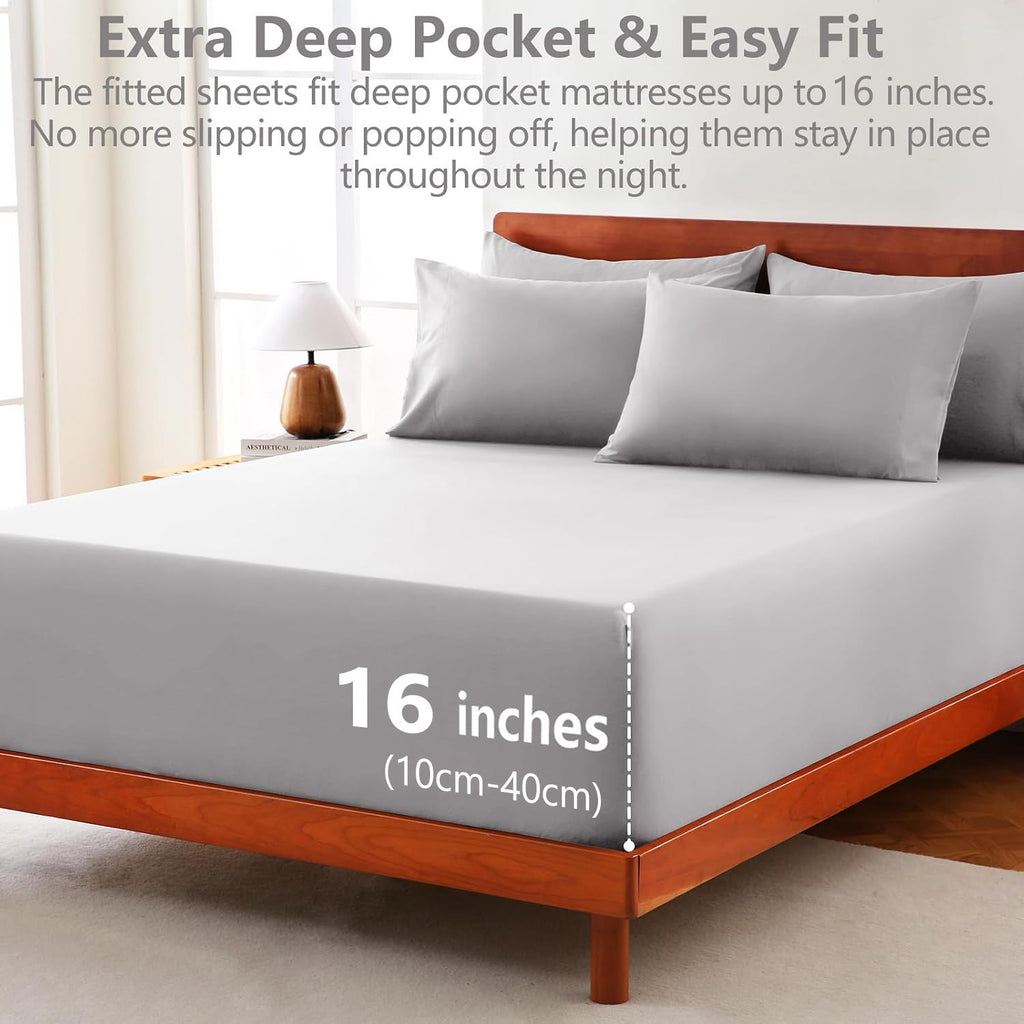 Hotel Soft Bed Sheet Set- Bedding Sheets & Pillowcases -Breathable Bedding - Wrinkle, Fade, Stain Resistant-Deep Pocket Flat Fitted Bed Sheet Set(Silver-gray,King)
