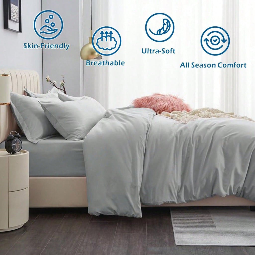 Hotel Soft Microfiber Duvet Cover Set-2000TC Quilt Cover Set & Pillowcases -1 Donna Cover Zipper Closure & 1 x Pillowcases-Breathable Bedding - Wrinkle, Fade, Stain Resistant(Silver-gray,King Single)