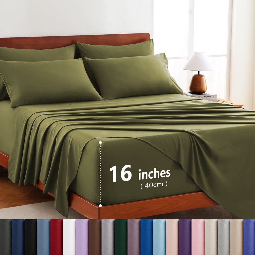 Hotel Soft Bed Sheet Set- Bedding Sheets & Pillowcases -Breathable Bedding - Wrinkle, Fade, Stain Resistant-Deep Pocket Flat Fitted Bed Sheet Set(Olive green,King Single)