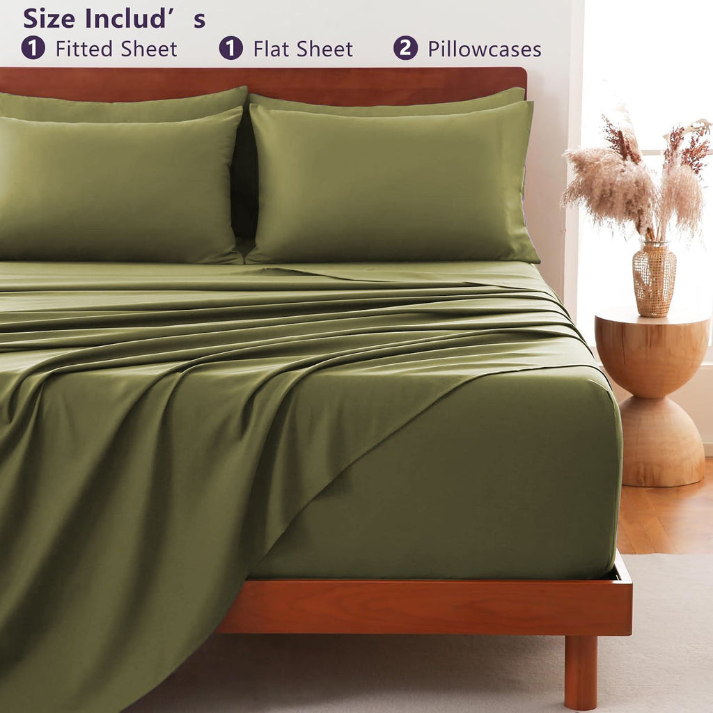 Hotel Soft Bed Sheet Set- Bedding Sheets & Pillowcases -Breathable Bedding - Wrinkle, Fade, Stain Resistant-Deep Pocket Flat Fitted Bed Sheet Set(Olive green,King Single)