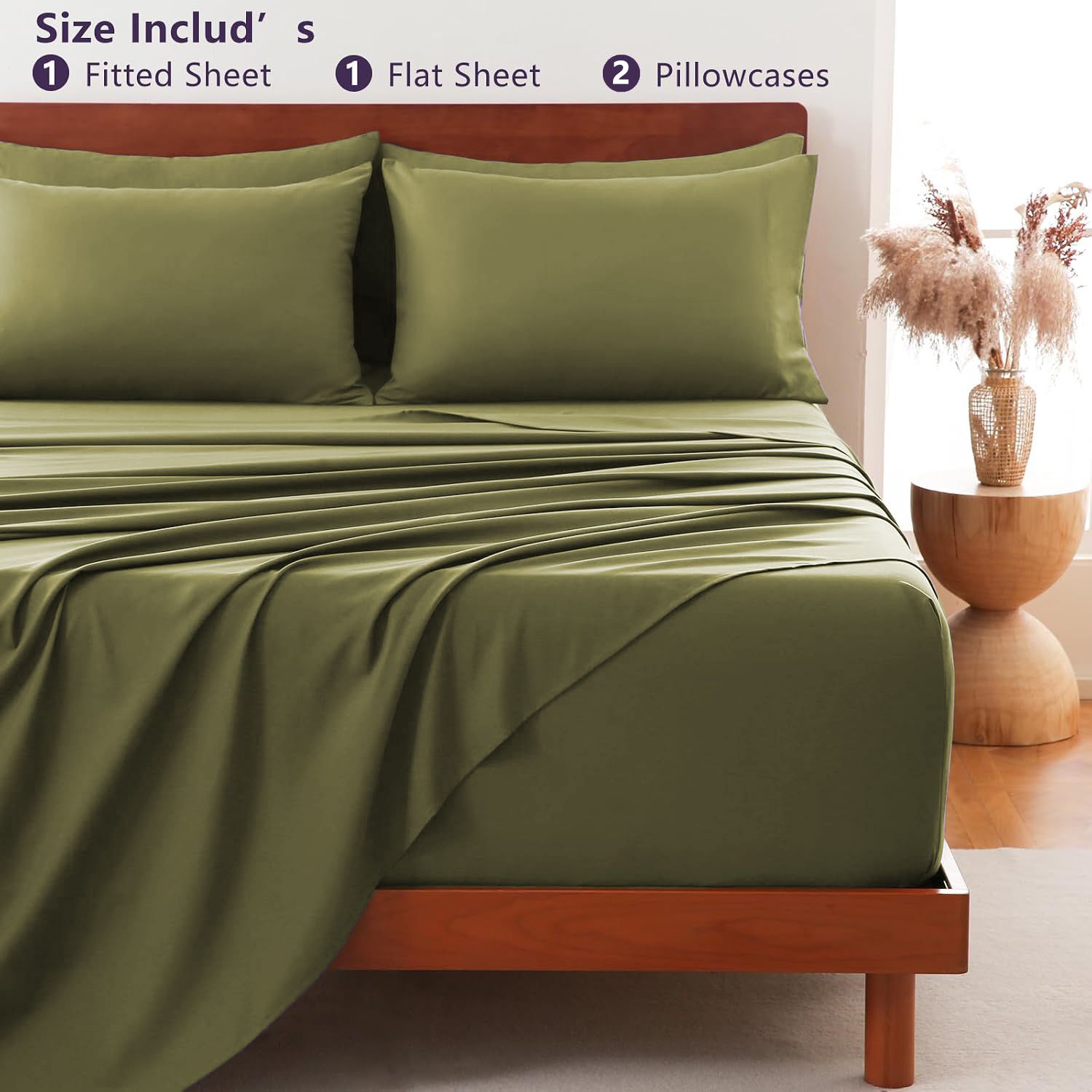 Hotel Soft Bed Sheet Set- Bedding Sheets & Pillowcases -Breathable Bedding - Wrinkle, Fade, Stain Resistant-Deep Pocket Flat Fitted Bed Sheet Set(Olive green,King Single)