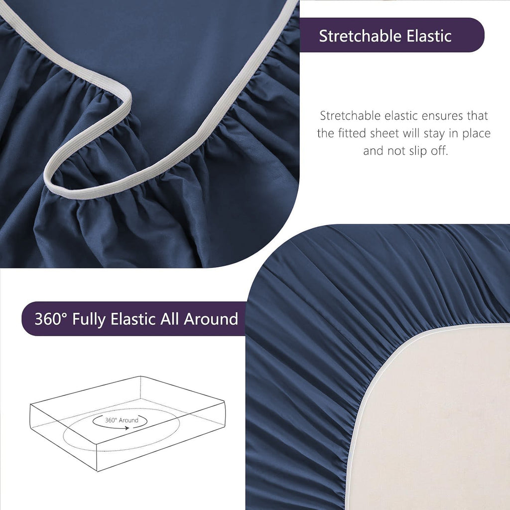 Hotel Soft Bed Sheet Set- Bedding Sheets & Pillowcases -Breathable Bedding - Wrinkle, Fade, Stain Resistant-Deep Pocket Flat Fitted Bed Sheet Set(Navy,King Single)