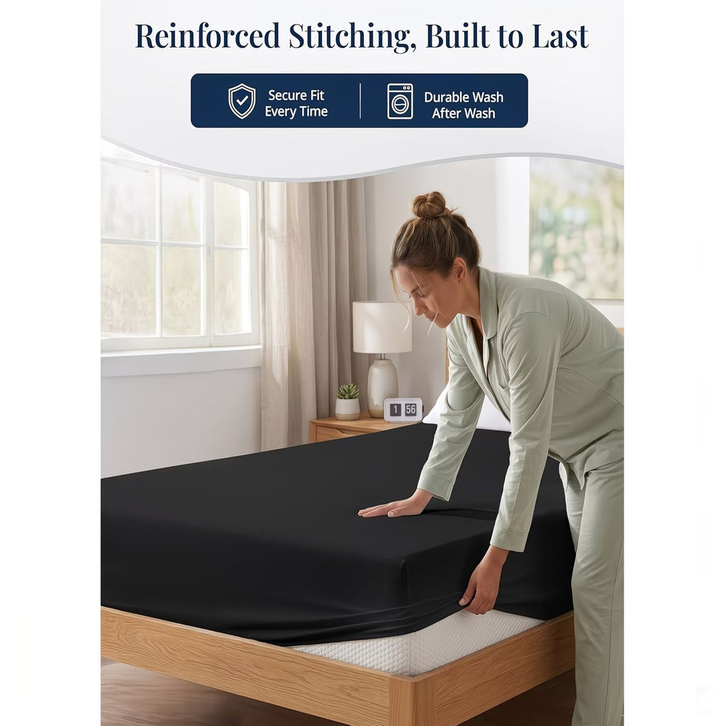 Hotel Quality Fitted Sheet - 1 Piece Fitted Sheet  -Breathable Bedding - Wrinkle, Fade, Stain Resistant- 16inch/40cm Deep Pocket Fitted Bed Sheet-Wrinkle and Fade Resistant,(Black,King Single)