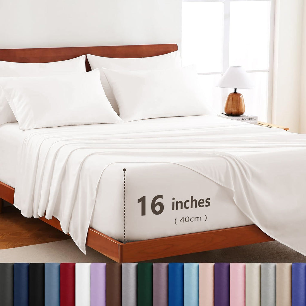 Hotel Soft Bed Sheet Set- Bedding Sheets & Pillowcases -Breathable Bedding - Wrinkle, Fade, Stain Resistant-Deep Pocket Flat Fitted Bed Sheet Set(White,Queen)