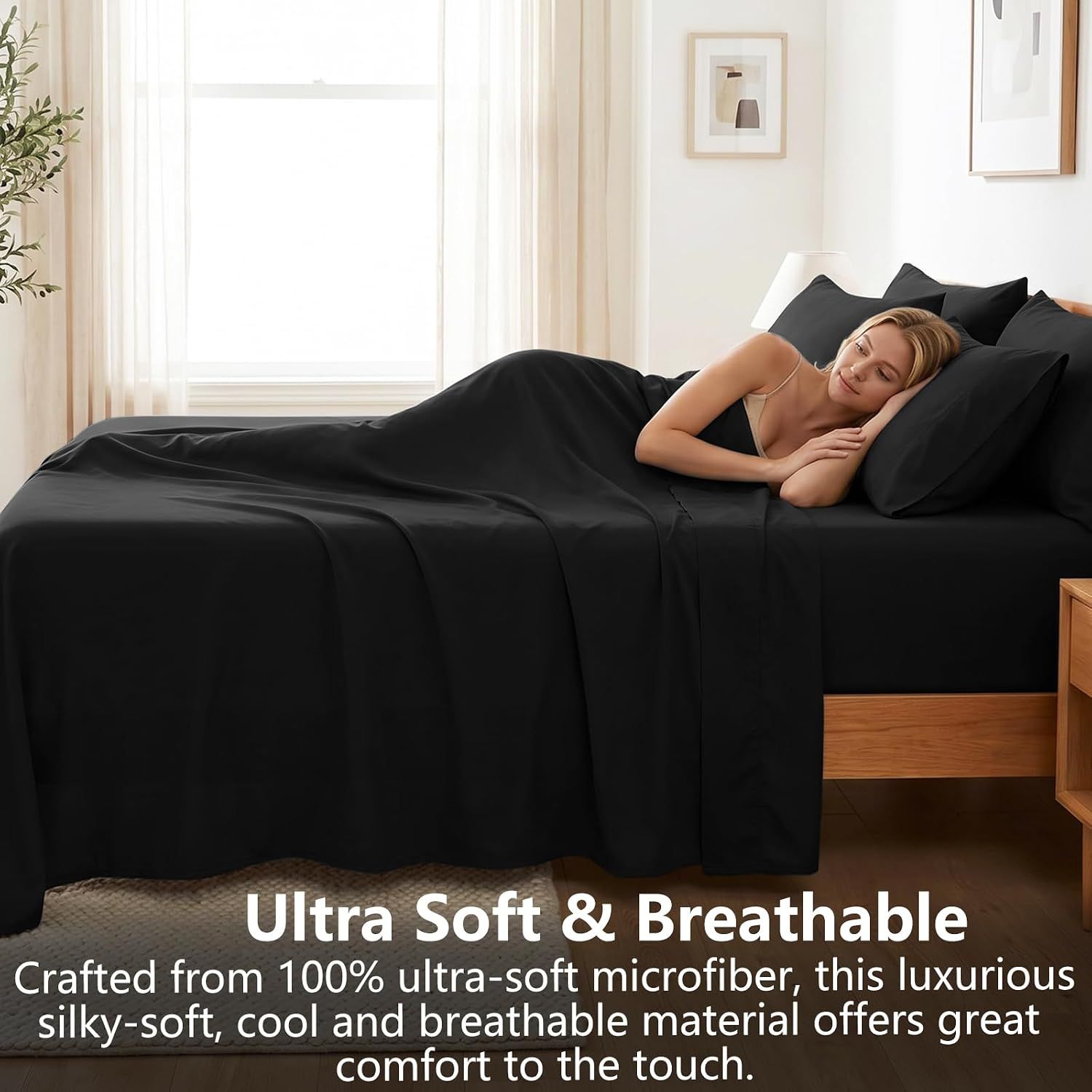 Hotel Soft Bed Sheet Set- Bedding Sheets & Pillowcases -Breathable Bedding - Wrinkle, Fade, Stain Resistant-Deep Pocket Flat Fitted Bed Sheet Set(Black,Queen)
