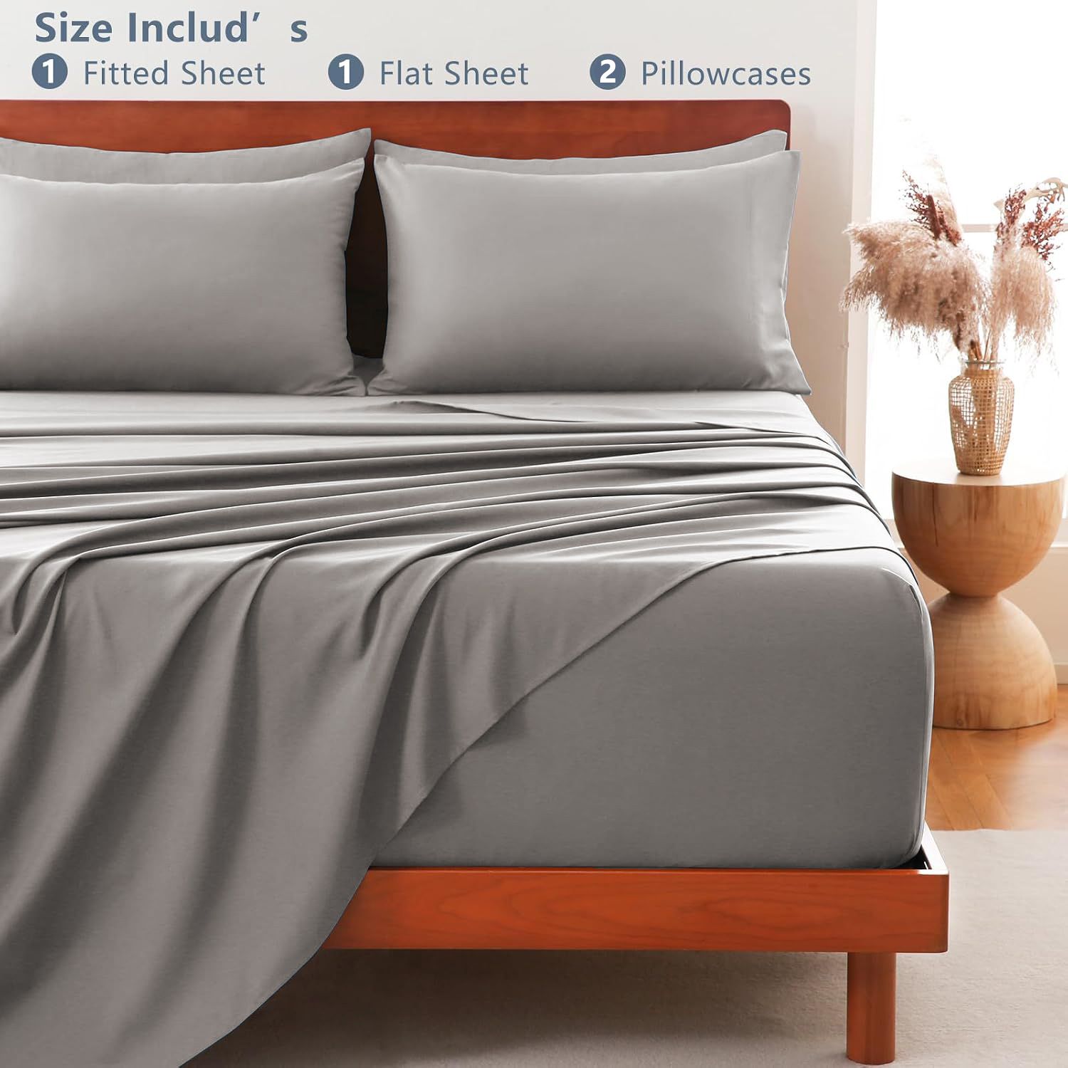 Hotel Soft Bed Sheet Set- Bedding Sheets & Pillowcases -Breathable Bedding - Wrinkle, Fade, Stain Resistant-Deep Pocket Flat Fitted Bed Sheet Set(Grey,Queen)