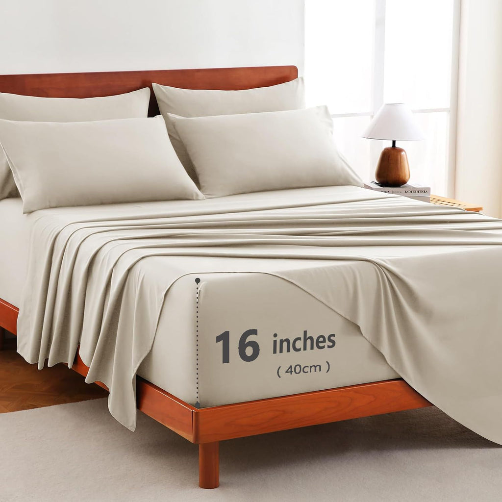 Hotel Soft Bed Sheet Set- Bedding Sheets & Pillowcases -Breathable Bedding - Wrinkle, Fade, Stain Resistant-Deep Pocket Flat Fitted Bed Sheet Set(Cream White,Queen)