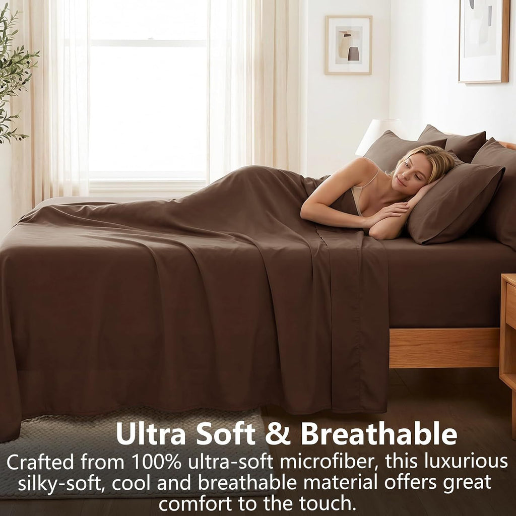 Hotel Soft Bed Sheet Set- Bedding Sheets & Pillowcases -Breathable Bedding - Wrinkle, Fade, Stain Resistant-Deep Pocket Flat Fitted Bed Sheet Set(Chocolate,Queen)