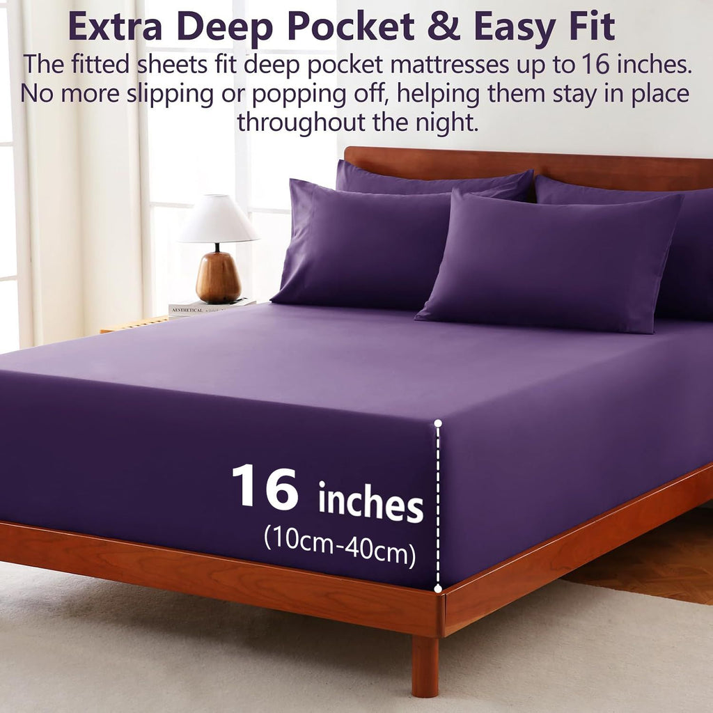 Hotel Soft Bed Sheet Set- Bedding Sheets & Pillowcases -Breathable Bedding - Wrinkle, Fade, Stain Resistant-Deep Pocket Flat Fitted Bed Sheet Set(Purple,Queen)