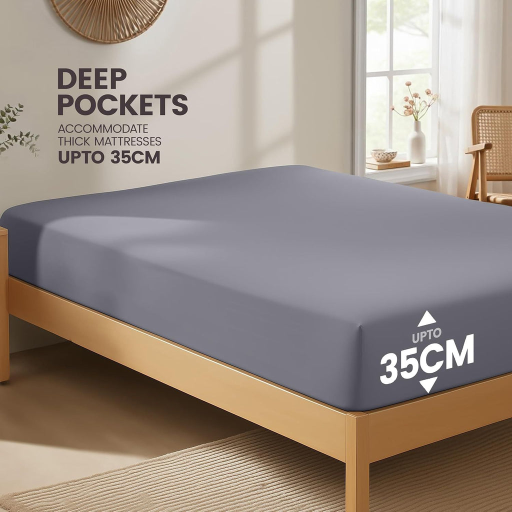 Hotel Quality Fitted Sheet - 1 Piece Fitted Sheet  -Breathable Bedding - Wrinkle, Fade, Stain Resistant- 16inch/40cm Deep Pocket Fitted Bed Sheet-Wrinkle and Fade Resistant,(Grey,Queen)
