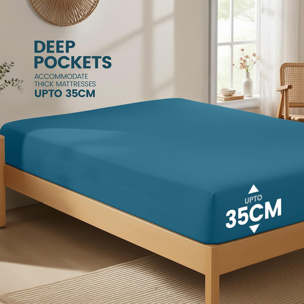 Hotel Quality Fitted Sheet - 1 Piece Fitted Sheet  -Breathable Bedding - Wrinkle, Fade, Stain Resistant- 16inch/40cm Deep Pocket Fitted Bed Sheet-Wrinkle and Fade Resistant,(Biscay blue,Queen)