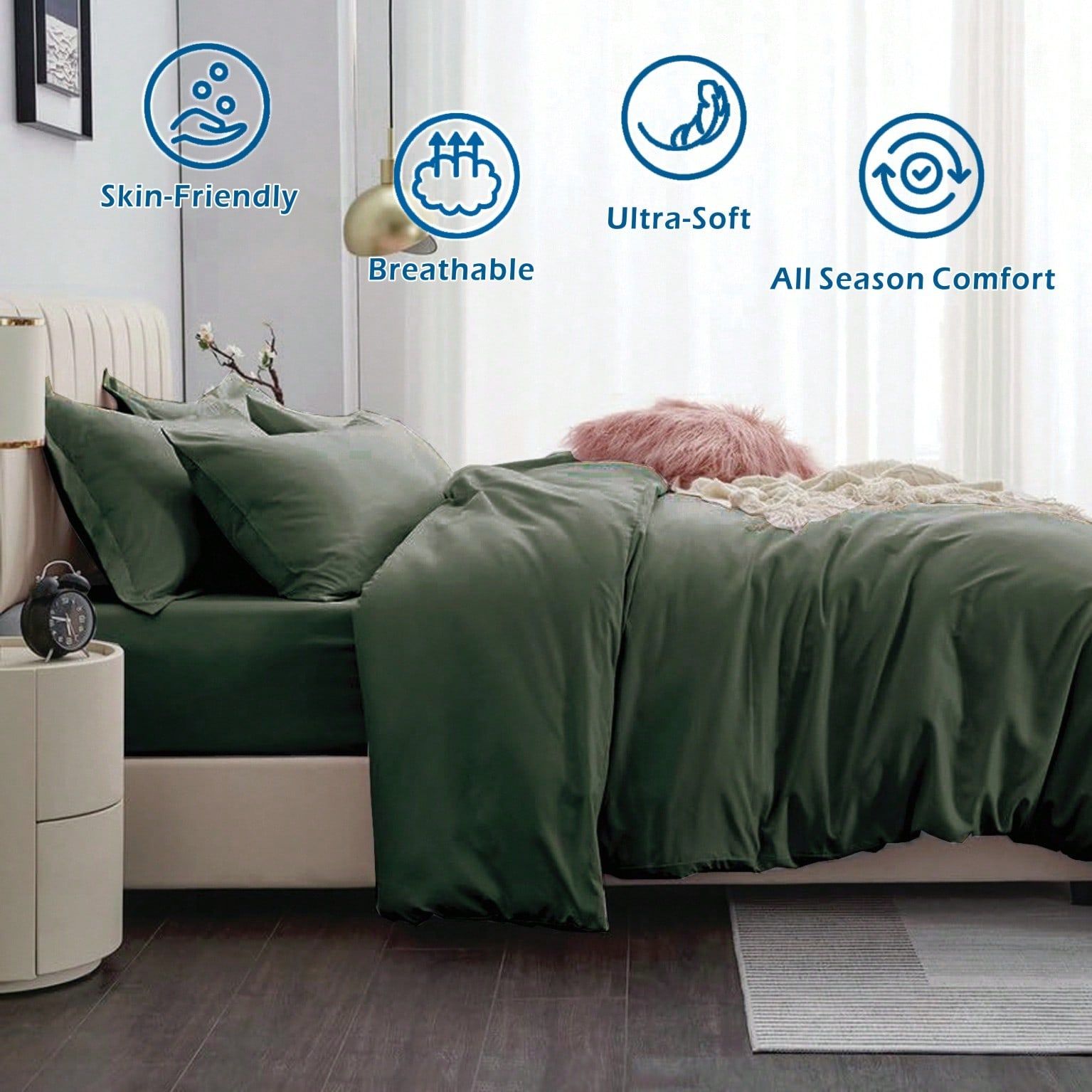 Hotel Soft Microfiber Duvet Cover Set-2000TC Quilt Cover Set & Pillowcases -1 Donna Cover Zipper Closure & 1 x Pillowcases-Breathable Bedding - Wrinkle, Fade, Stain Resistant(Olive green,Single)